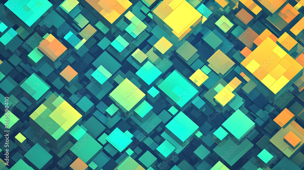 Poster abstract geometric pattern of overlapping squares in various shades of teal, orange, yellow, and tur