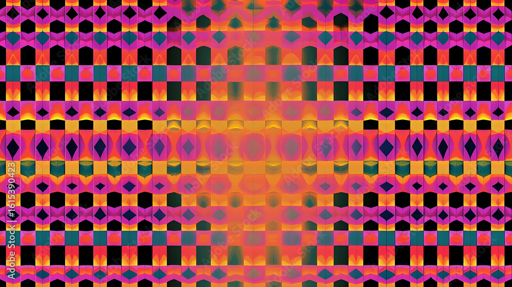 Poster abstract pattern with vibrant colors, intricate geometric shapes, and a symmetrical design. repeatin