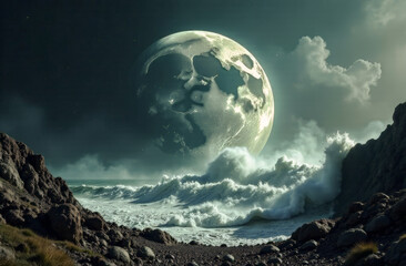 close-up of the moon against the background of waves near a rocky shore. cyclical phases of the moon and its influence on nature
