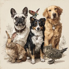 Heartwarming Companionship of Dogs, Rabbit, and Owl: An Illustration of Pet Friendship and Harmony in Nature