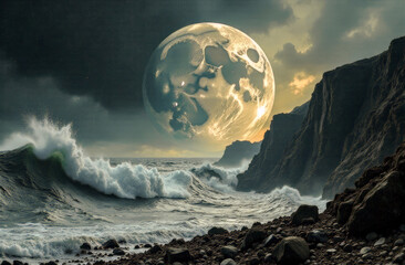 close-up of the moon against the background of waves near a rocky shore. cyclical phases of the moon and its influence on nature