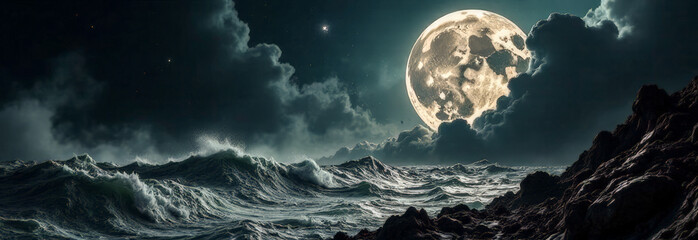 The moon banner on the background of waves near the rocky shore. cyclical phases of the moon and its influence on nature