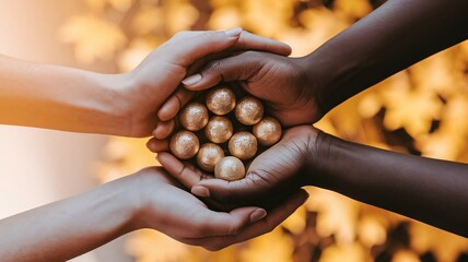 Diverse hands hold golden spheres of unity