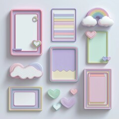 Pastel Kawaii Frames with Hearts and Rainbow on White Background