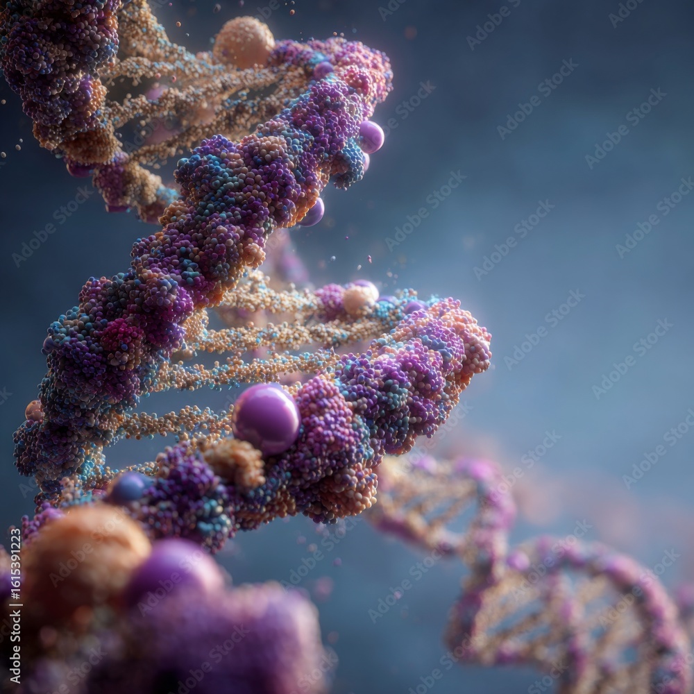 Poster detailed 3d visualization of the dna replication process showcasing molecular structures and interac