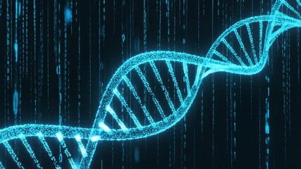 Glowing DNA Strand Animation with Binary Code in Futuristic Digital Matrix - Powered by Adobe