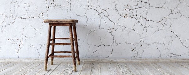 Vintage wooden stool and whitewashed wall with natural crack patterns