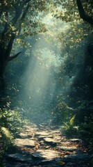 Walking a Stone Path Through Forest with Sunlight Streaming Through Trees