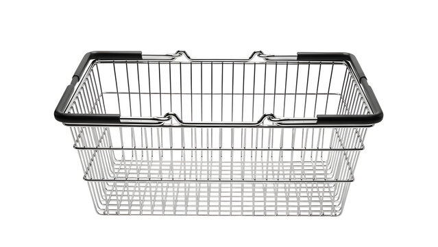 Shop metal wire basket retail shopping hand basket chrome finish black handle isolated on white background on transparent background