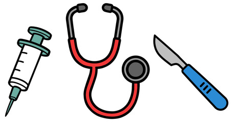 Illustration of a syringe, stethoscope, and scalpel