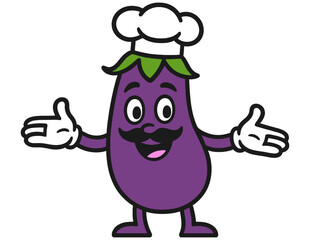 Purple eggplant mascot wearing a chef's hat