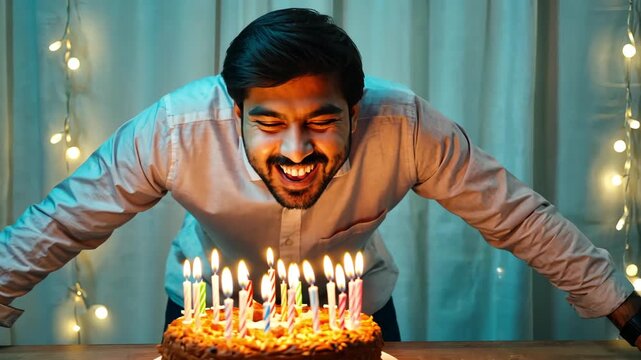 AI Generative Young man blowing out candles on cake, happy birthday celebration