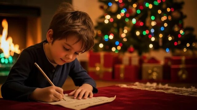 The Magic of Christmas Eve.  A young boy, bathed in the warm glow of a fireplace and the twinkling lights of a Christmas tree, is engrossed in writing. He sits at a cozy table, penning a letter