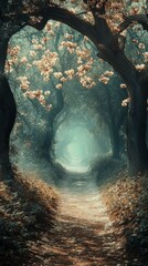 Walking on a Foggy Forest Path with Blossoms in Spring