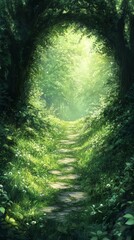 Walking Path Through Lush Green Forest with Sunlight