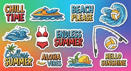 Fototapeta premium Playful summer sticker collection representing beach vacations and carefree activities on a