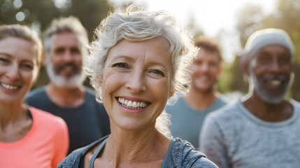 Happy senior woman with grey hair smiling brightly alongside diverse group outdoors