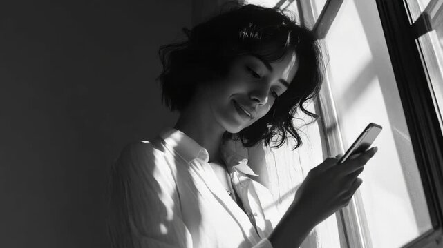 Woman enjoying a moment of relaxation and contentment as she smiles at her cell phone. The sunlight filters through the blinds, creating a warm atmosphere indoors.