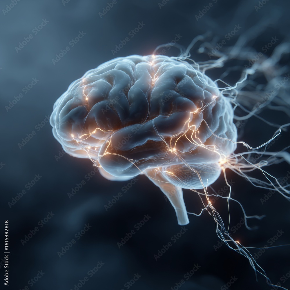 Poster glowing neural connections in a brain illustration representing artificial intelligence concepts and