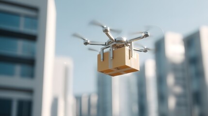 A sleek multi rotor drone carries a brown cardboard package across a bright city skyline