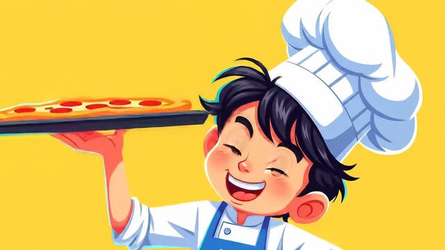 Smiling Cartoon Boy Chef Holding Pizza on Tray