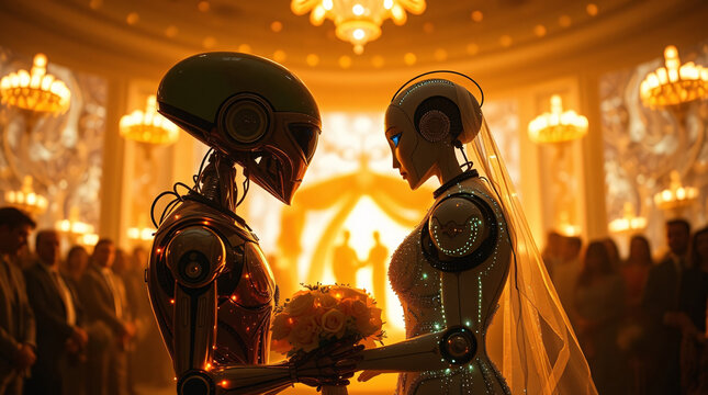 surreal illustration of an alien groom and a human bride at a fantasy wedding ceremony.
