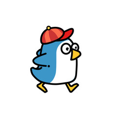 A cool and quirky penguin character, illustrated wearing a red baseball cap and spectacles, walking with a cheerful stride