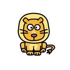 Cute cartoon lion character sitting. Simple flat vector illustration of a friendly wild animal mascot isolated on a white background.
