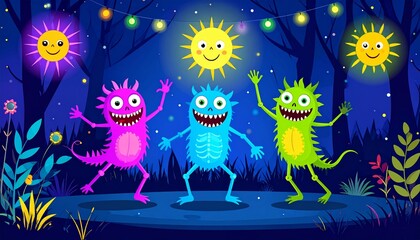 Dancing glowing cartoon monsters in magical forest under party lights in Halloween night scene1