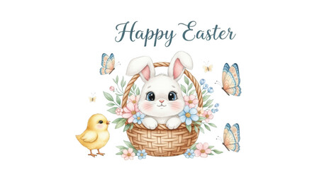 Naklejka premium A charming easter scene featuring a bunny in a basket with flowers, butterflies, and a chick, perfect for easter greetings isolated on transparent background