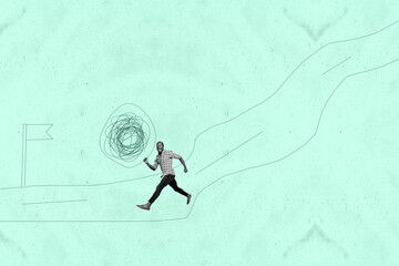 Collage of energetic person jumping with playful cartoon doodles in creative whimsical concept...