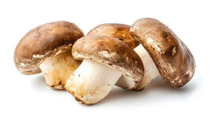 Fototapeta premium Fresh whole porcini mushrooms champignons isolated on white background, bright raw Agaricus bisporus, ideal for food packaging, cooking ingredients, healthy lifestyle, food menu