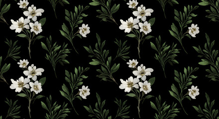 Elegant floral pattern with white blossoms and dark green leaves on a black background