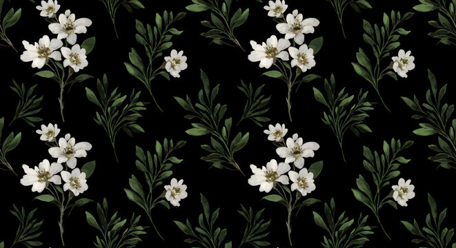 Elegant floral pattern with white blossoms and dark green leaves on a black background - Powered by Adobe