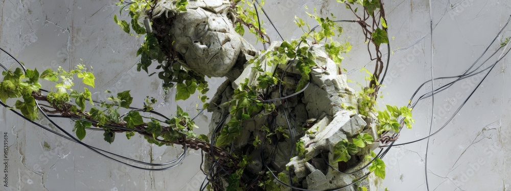 Poster broken statue entwined with vines and digital wires in a decayed environment