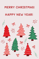 Holiday postcard with doodle tree elements. Christmas and New Year card with pastel background