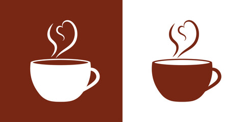 Dual color coffee or tea cup icon with heart-shaped steam. Ideal for café logos, romantic beverage branding, cozy design themes, restaurant menus, or love-themed drink illustrations.