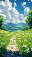 Walking Path Through Meadow to Distant Mountains on Sunny Day