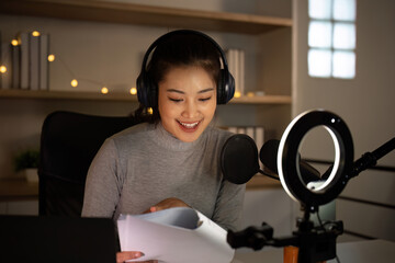 Podcast recording session with a woman enjoying her content