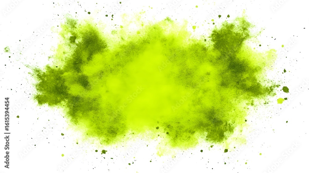 Poster vibrant explosion of yellow-green powder against a plain white background. the powder is dispersed i