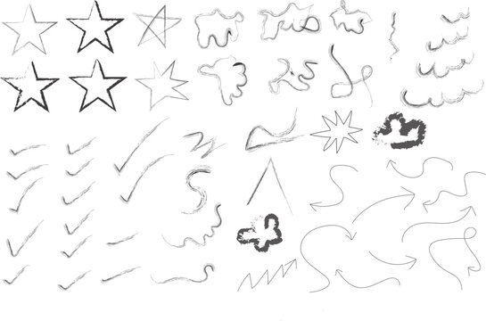 Hand Drawn Sketch Elements Vector Set. Arrows, Stars, Check Marks, Scribbles, and Doodles