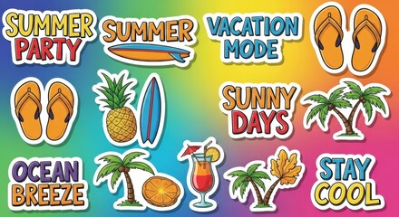 Vibrant collection of vector summer themed stickers with playful typography and tropical elements,