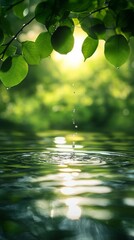 Water Drop Falling Into Pond with Green Leaves and Sunlight
