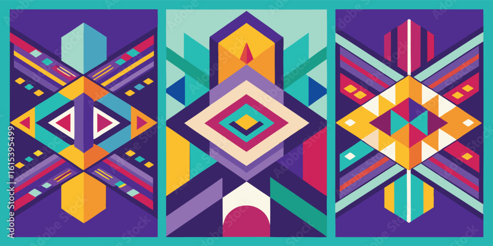 Poster banners showcasing geometric shapes in diverse colors and patterns..eps