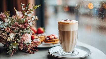 an elegant latte with strawberries and chocolate pastries