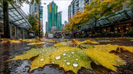 an autumn scene with yellow leaves on the ground,
