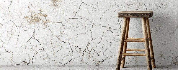 Vintage wooden stool and whitewashed wall with natural crack patterns