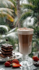 an elegant latte with strawberries and chocolate pastries