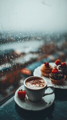 an elegant latte with strawberries and chocolate pastries