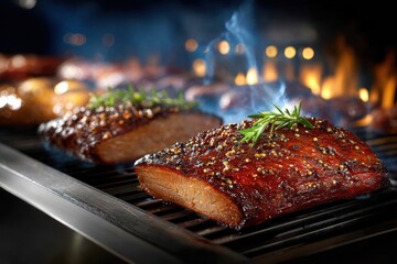 Smoke rises from delicious brisket resting on grill during evening barbecue gathering